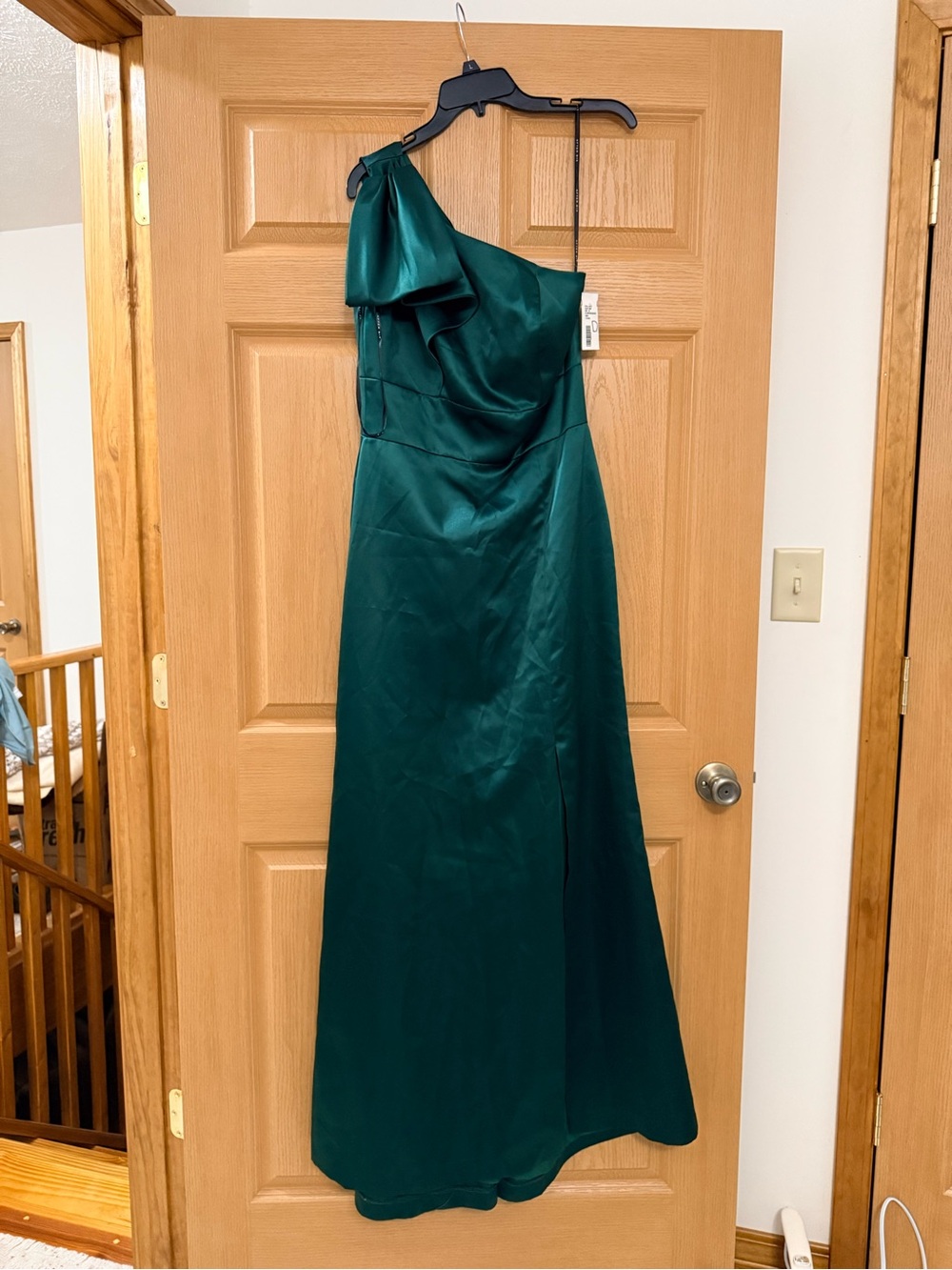 after six hunter green one shoulder matte satin full length gown size 10 sample